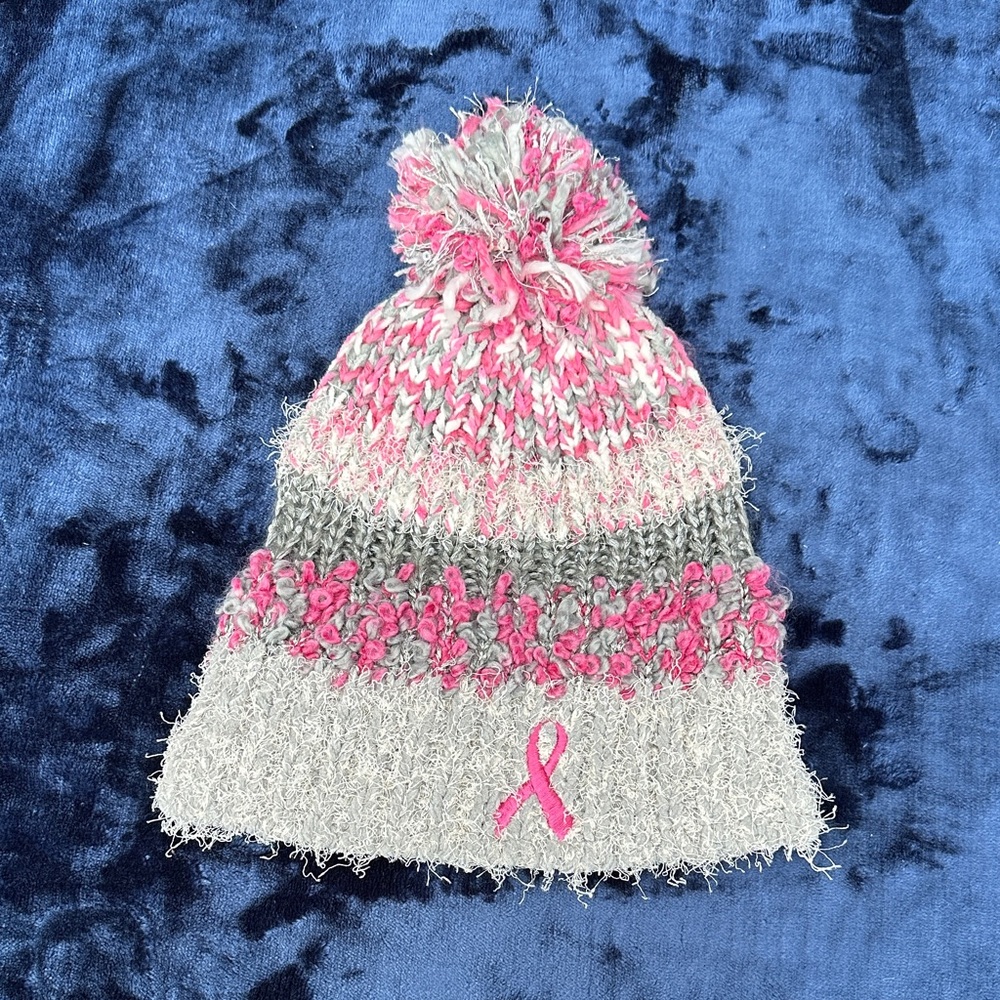 Brand New! Breast Cancer Awareness Pink & Gray Knit Beanie with Pom Pom